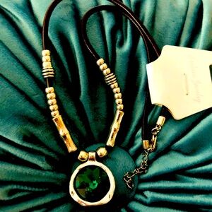 Green and Silver vintage pendant wish black leather necklace
